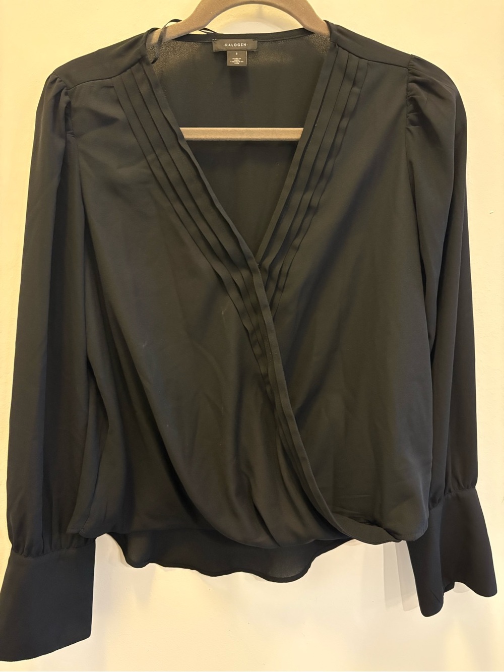 Halogen Black Wrap-Style Blouse with Pleated V-Neck